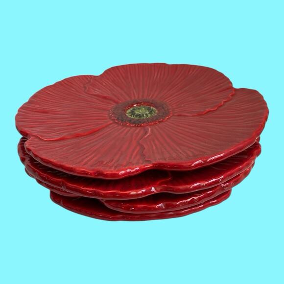 Fleur Rouge Red Poppy 8” Salad Dessert Plates Ambiance Collection Nanette Vacher - Picture 1 of 6